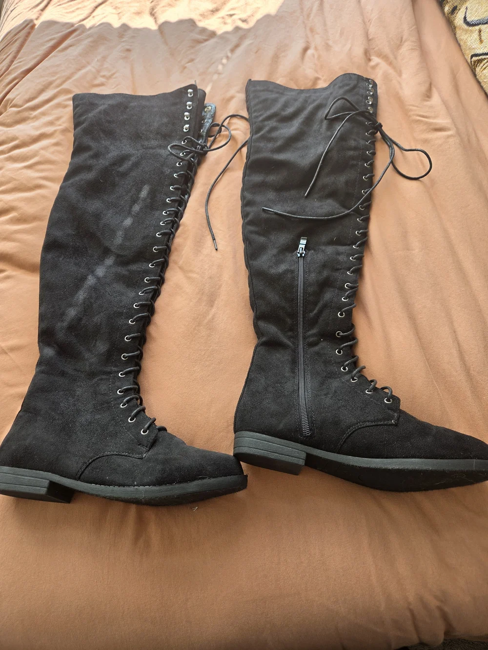 Source Unknown Black Lace-Up Over-The-Knee Boots with Side Zipper